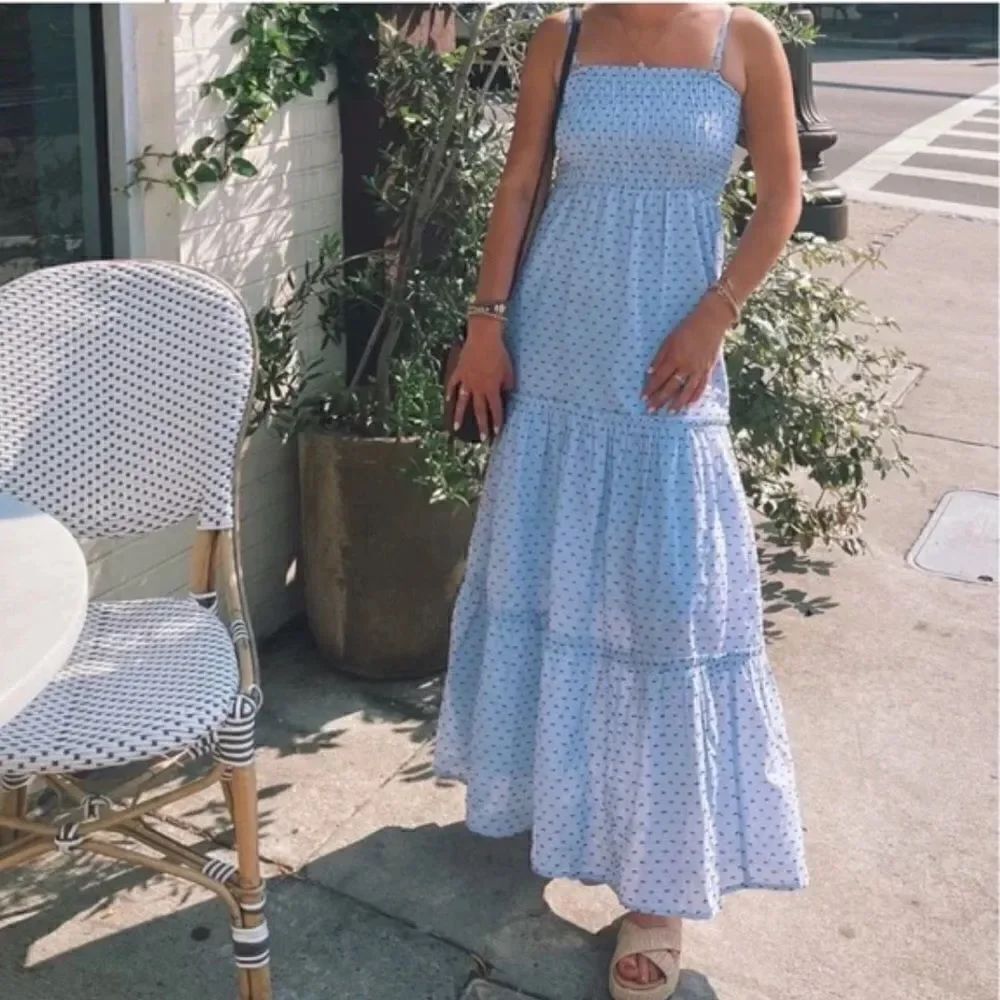 SIM & SAM Blue Strapless Smocked Tiered CottonPolka Dot Poms Maxi Dress